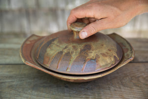 Lidded Serving Dish with Side Flare Handles in Rust