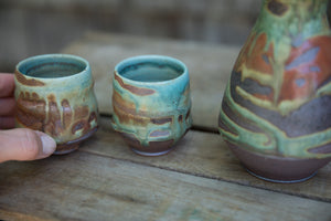Sake Set in Turquoise and Rust, with 2 cups